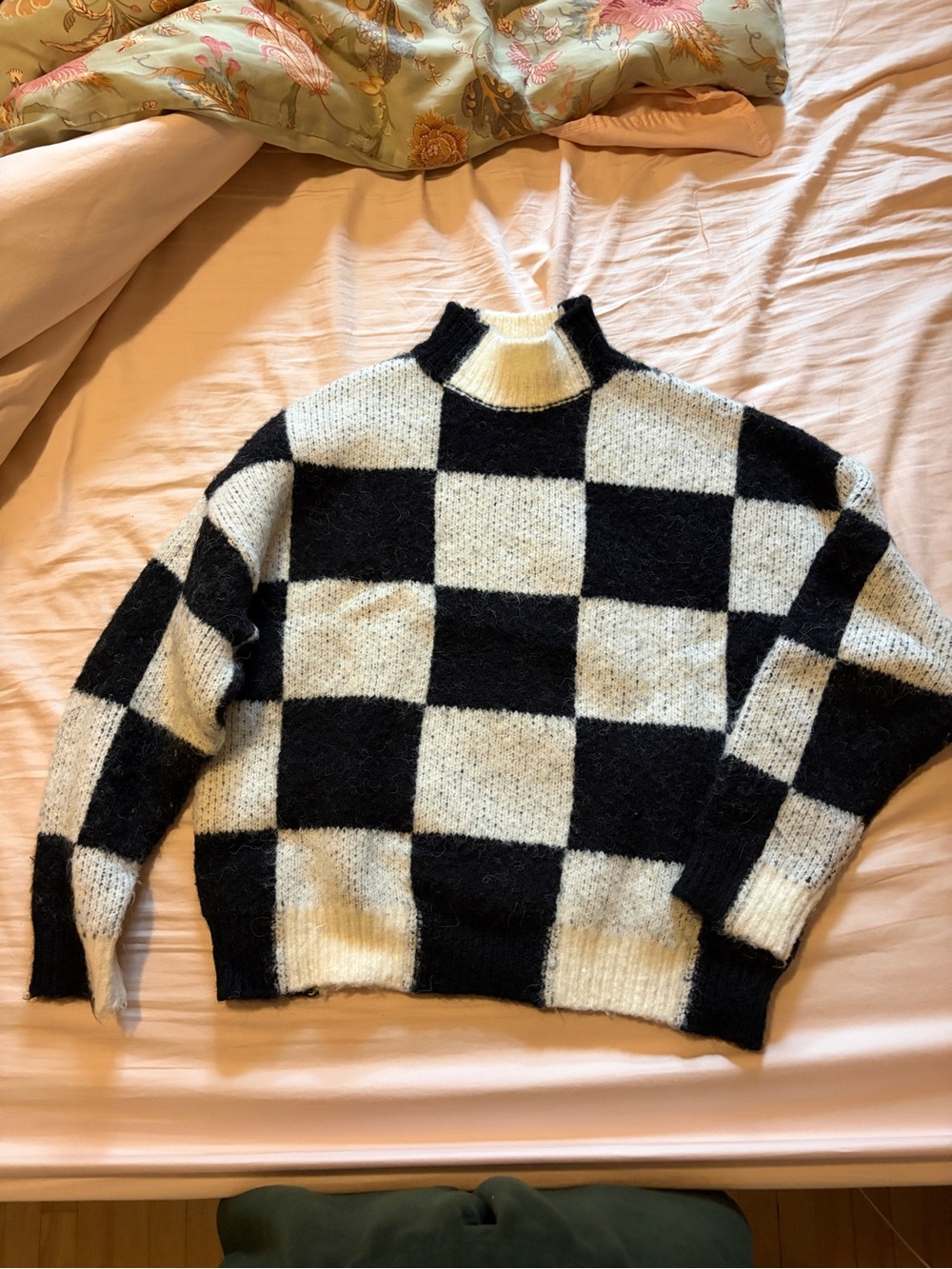 Women's Black & White Checkerboard Turtleneck Sweater